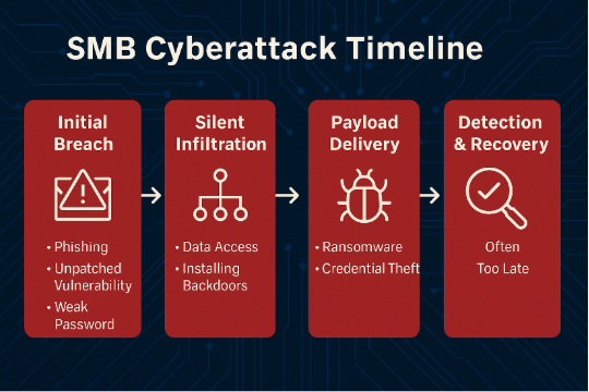 A visually engaging flat-design infographic titled 'SMB Cyberattack Timeline,' illustrating the four key stages of a small business cyberattack. The timeline begins with 'Initial Breach' showing phishing and weak password exploitation, followed by 'Silent Infiltration' where attackers move unnoticed, then 'Payload Delivery' such as ransomware deployment, and finally 'Detection & Recovery' highlighting the often-delayed discovery. The design uses icons, clean typography, and a horizontal flow with blue, red, and orange accents to convey urgency and clarity.