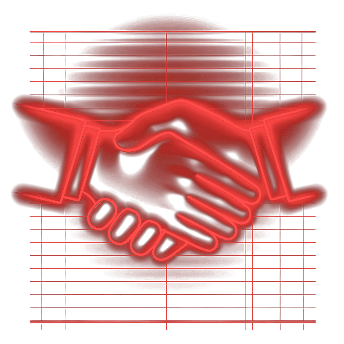 Neon red glowing illustration of two hands shaking, symbolizing handshake or agreement, with a grid pattern background.