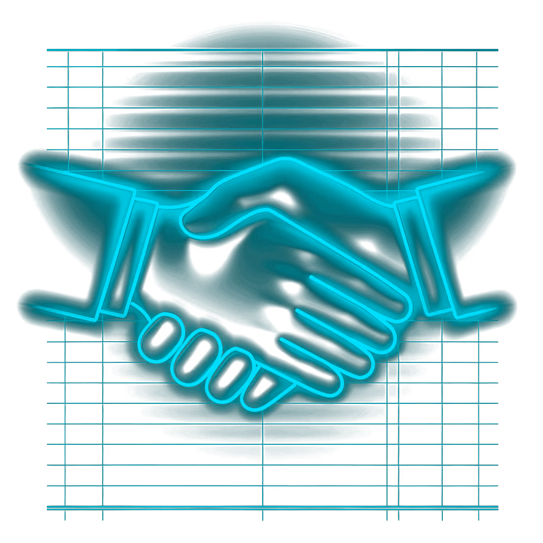 Neon turquoise glowing illustration of two hands shaking, symbolizing handshake or agreement, with a grid pattern background.