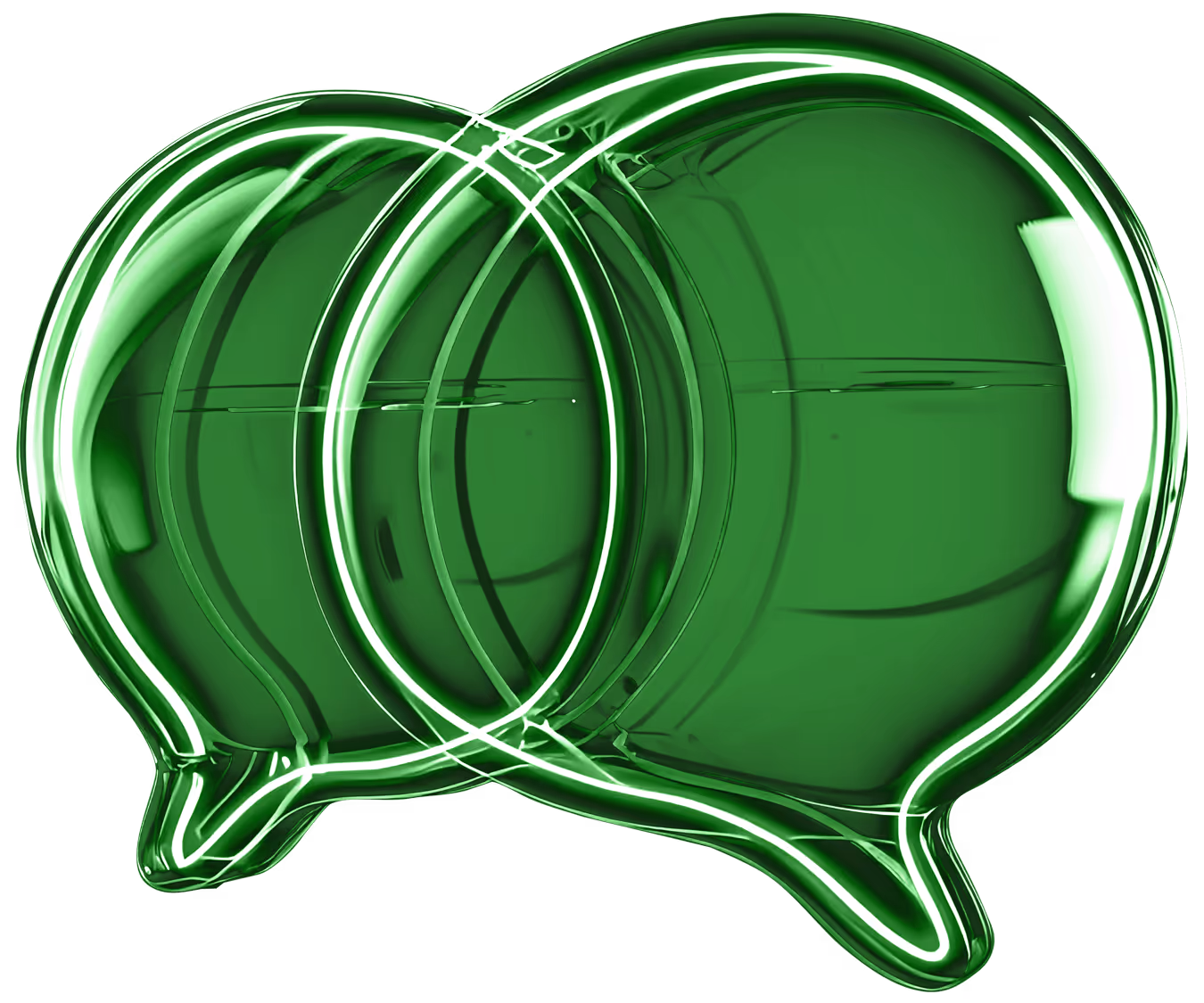 Two overlapping green translucent speech bubbles symbolizing communication or conversation.