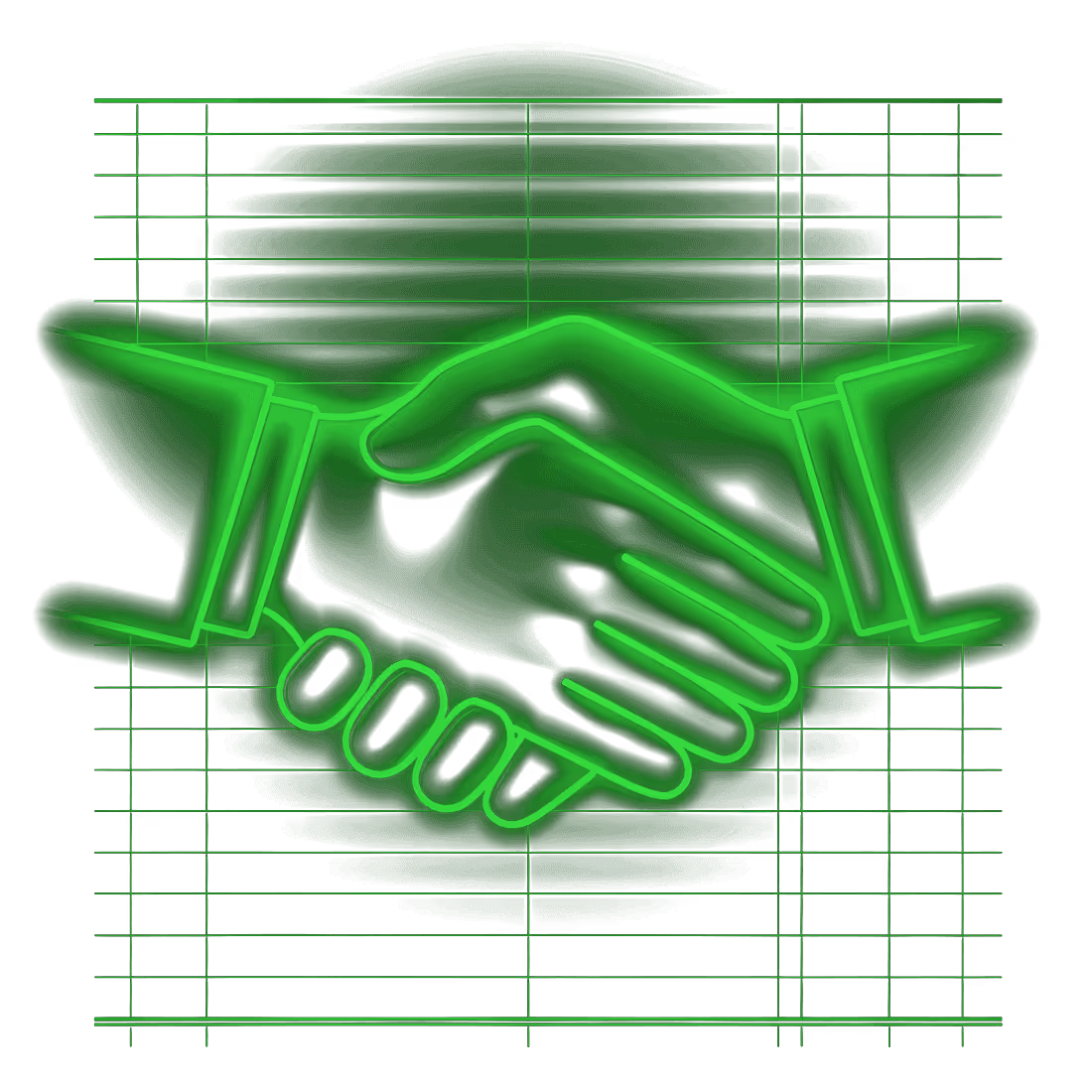 Neon green glowing illustration of two hands shaking, symbolizing handshake or agreement, with a grid pattern background.