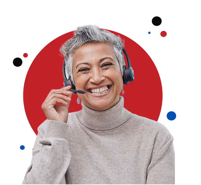A woman wearing a headset and smiling.