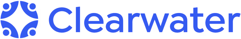 Clearwater company logo featuring a blue circular symbol with four curved shapes and the word 'Clearwater' in blue text.