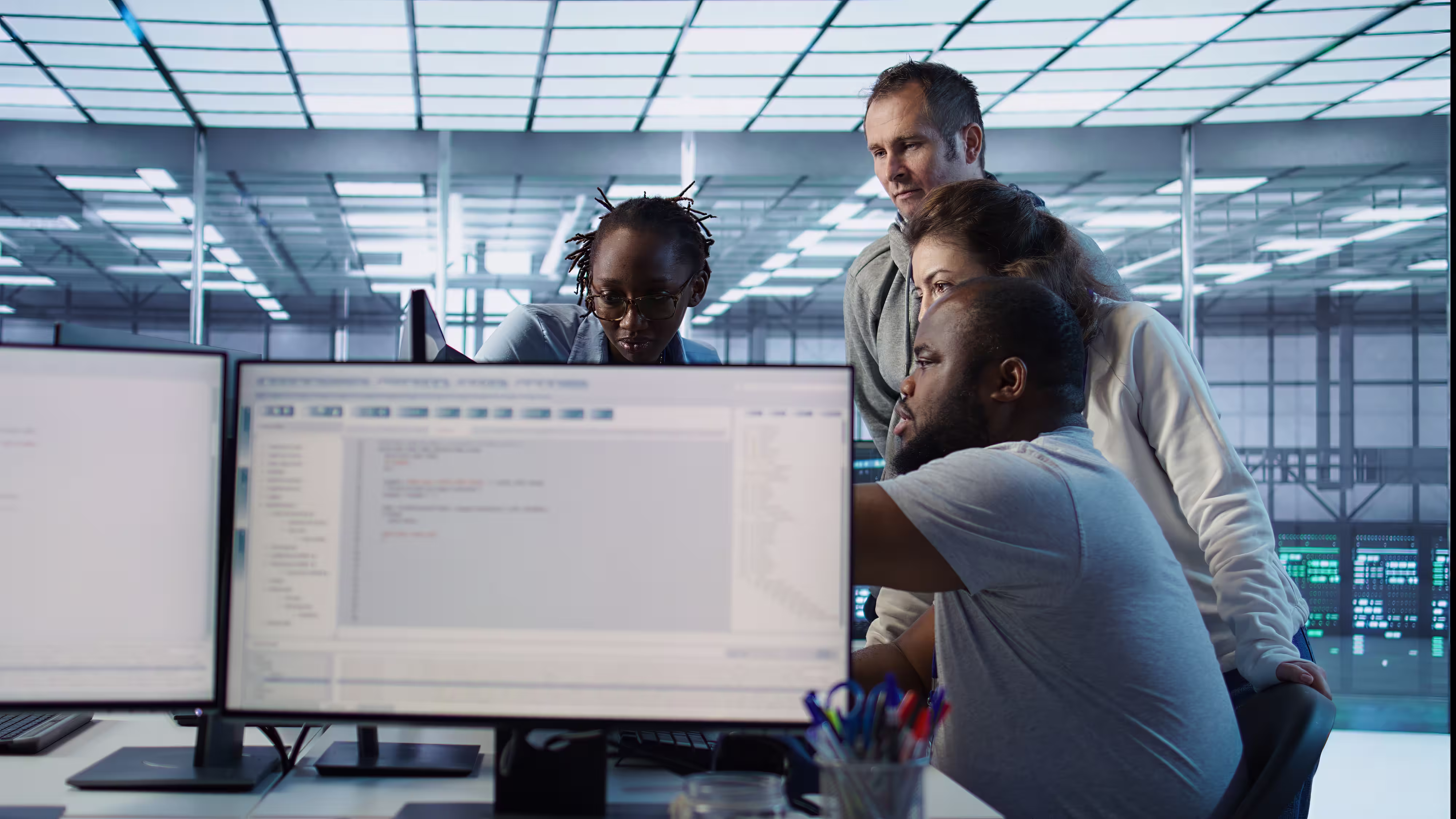 Group of four diverse coworkers intensely reviewing code on multiple computer monitors in a modern office.