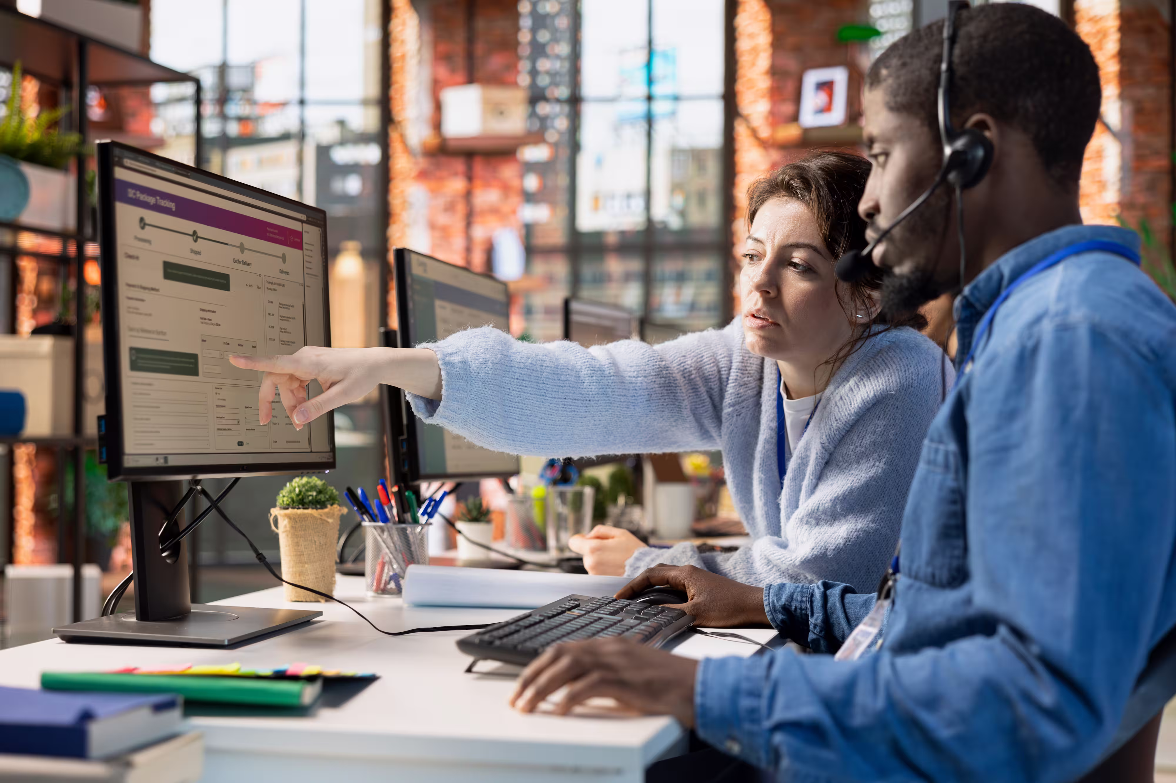 A woman points at a computer screen while a man wearing a headset types on a keyboard in an office setting.