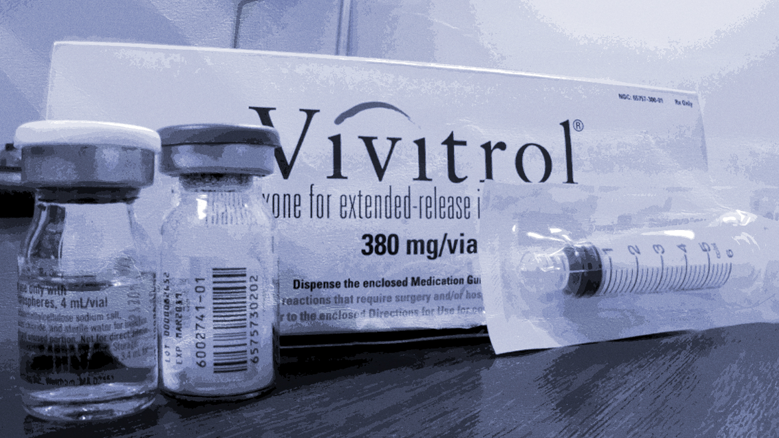Vivitrol extended-release naltrexone packaging with medication vials and a syringe