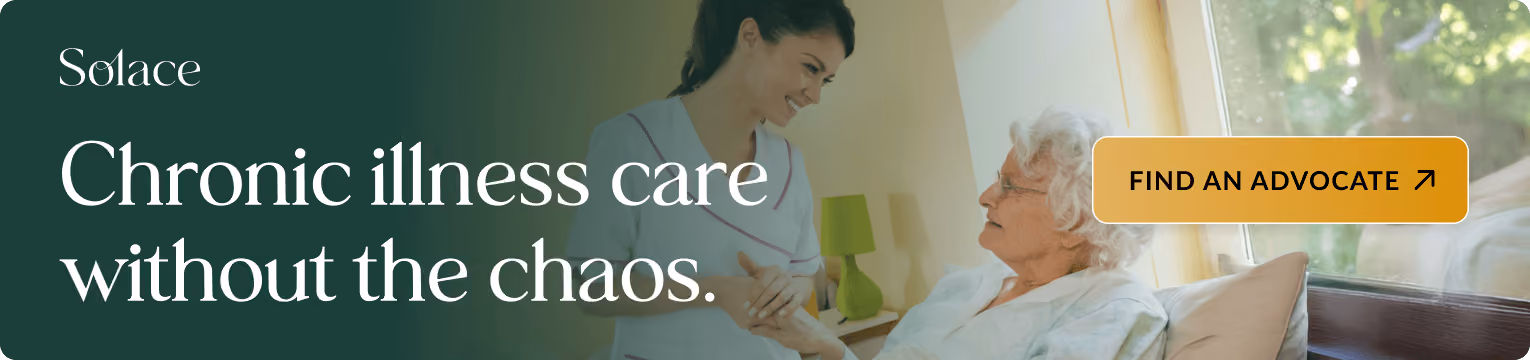 Clinician holding hands with an older woman in bed. Banner text: Chronic illness care without the chaos. Includes a button: Find an advocate.