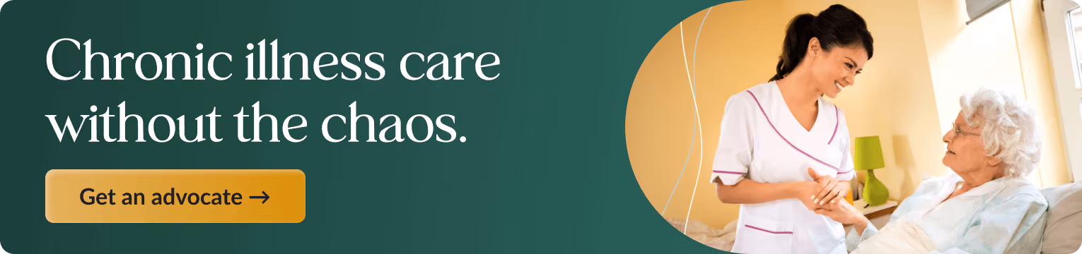 Young woman leaning her head on an older woman’s shoulder. Banner text: Get advocate support. Includes a button: Get an advocate.