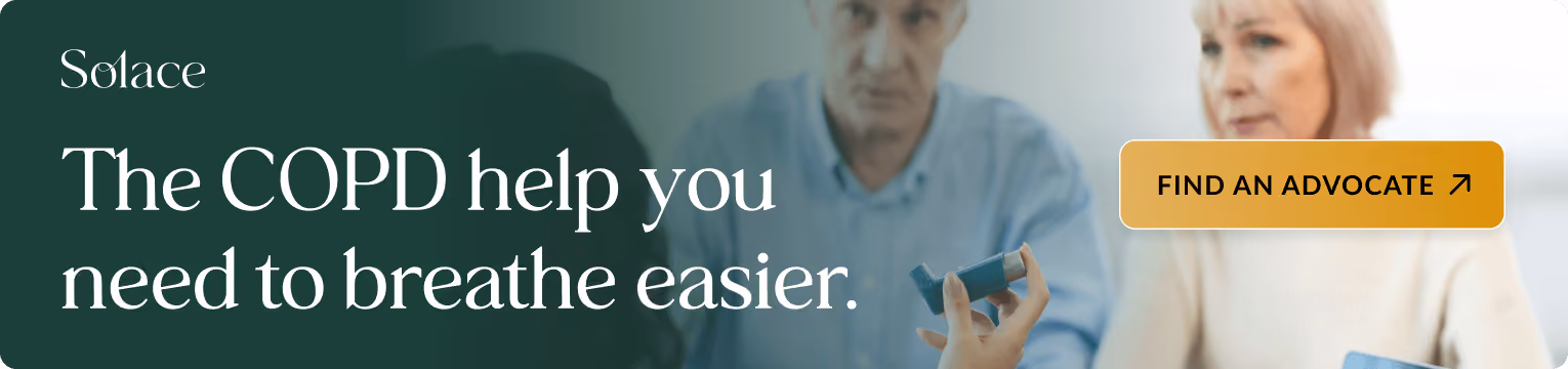 A clinician holding an inhaler while speaking with a man and woman at a table. Banner text: The COPD help you need to breathe easier. Includes a button: Find an advocate.