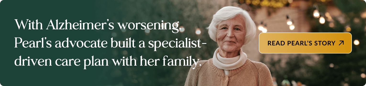 Elderly woman with white hair wearing a cream turtleneck and tan cardigan, smiling warmly against a blurred background with soft lighting. Banner text: With Alzheimer's worsening, Pearl's advocate built a specialist-driven care plan with her family. Includes a button: READ PEARL'S STORY.