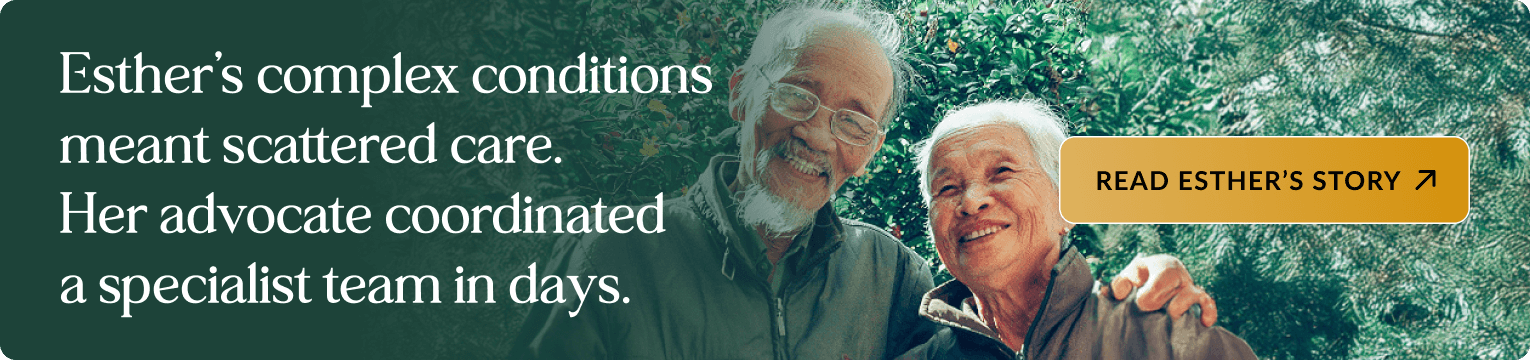 Elderly couple smiling together outdoors with green foliage in the background, the man wearing glasses and a gray jacket with his arm around the woman who is wearing a brown jacket. Banner text: "My doctors weren't on the same page. My advocate fixed that." Includes a button: Read Esther's Story.
