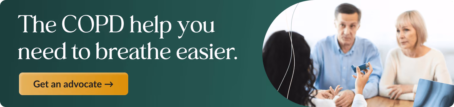 A clinician holding an inhaler while speaking with a man and woman at a table. Banner text: The COPD help you need to breathe easier. Includes a button: Get an advocate.