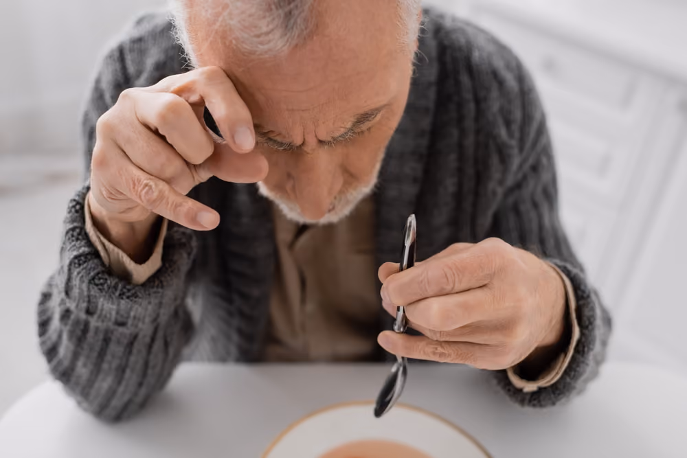 A man with a tremor tries to use a spoon to eat soup.