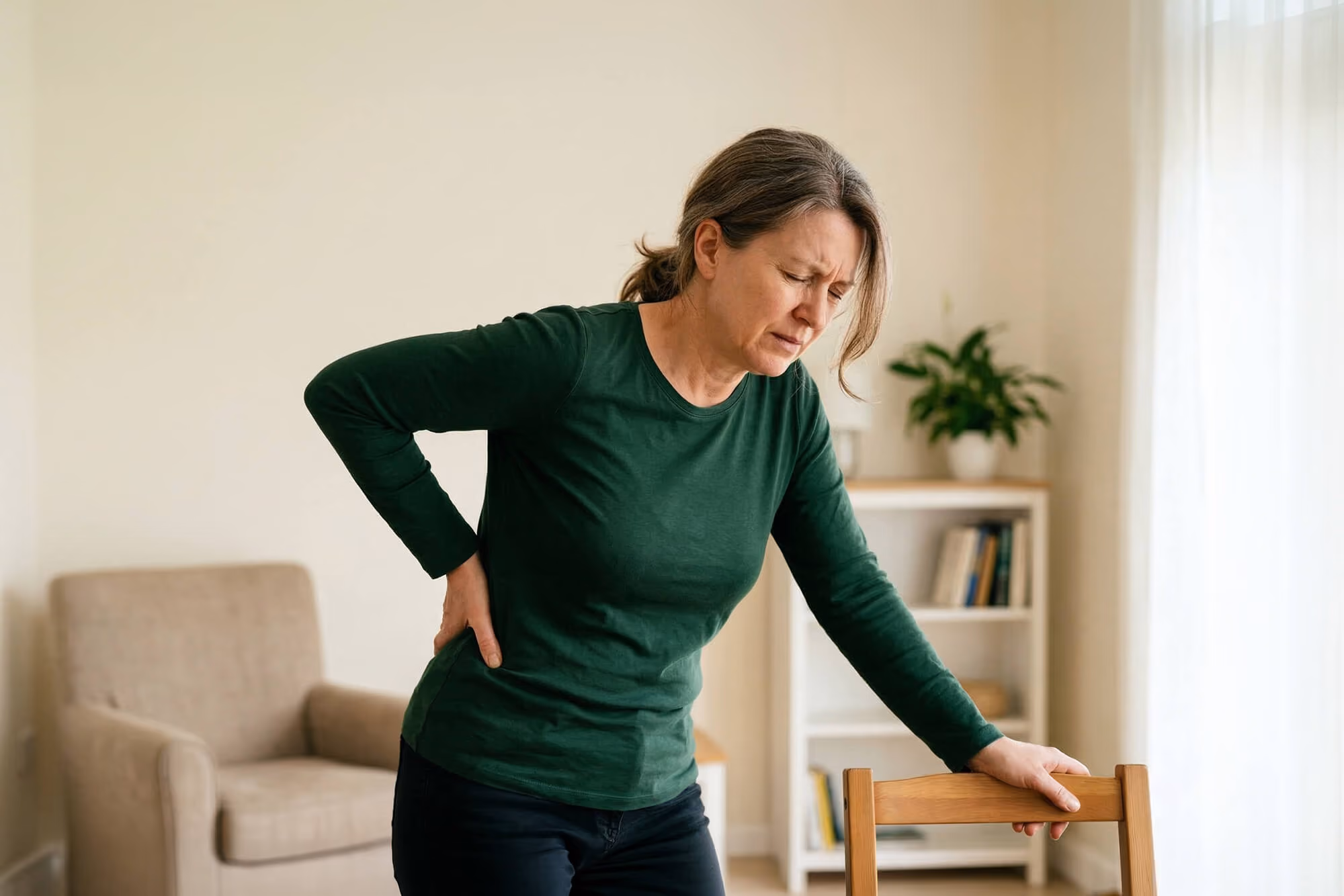 Woman standing indoors, holding her lower back in discomfort near a chair.