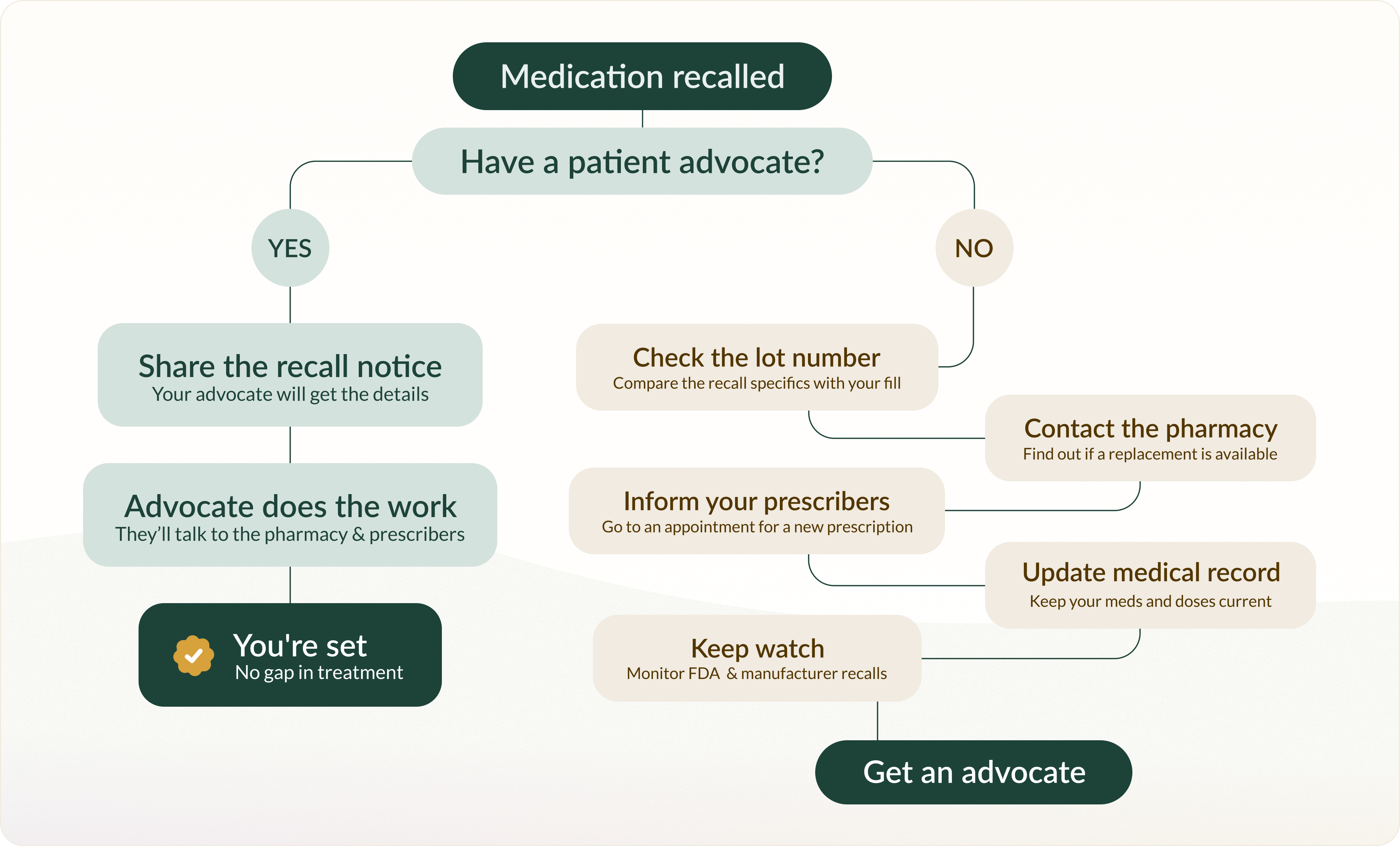 an infographic that shows the steps taken once a medication recall happens and how an advocate works through this process