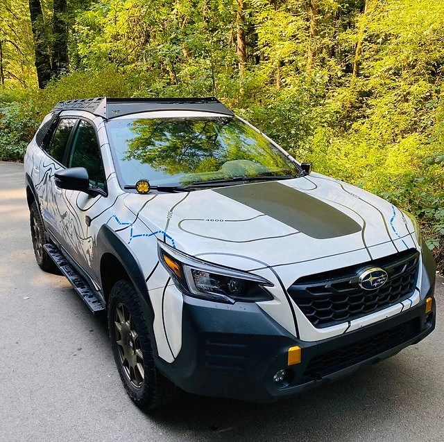 Overland Subaru Outback with sleek all aluminum roof rack 