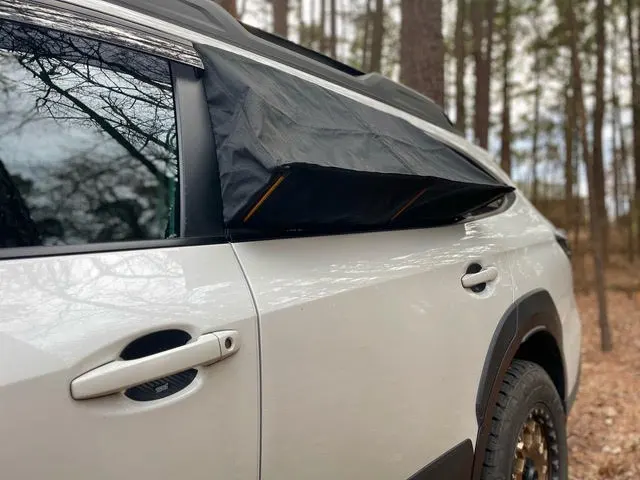 Adventure ready Subaru car camping with breathable vent