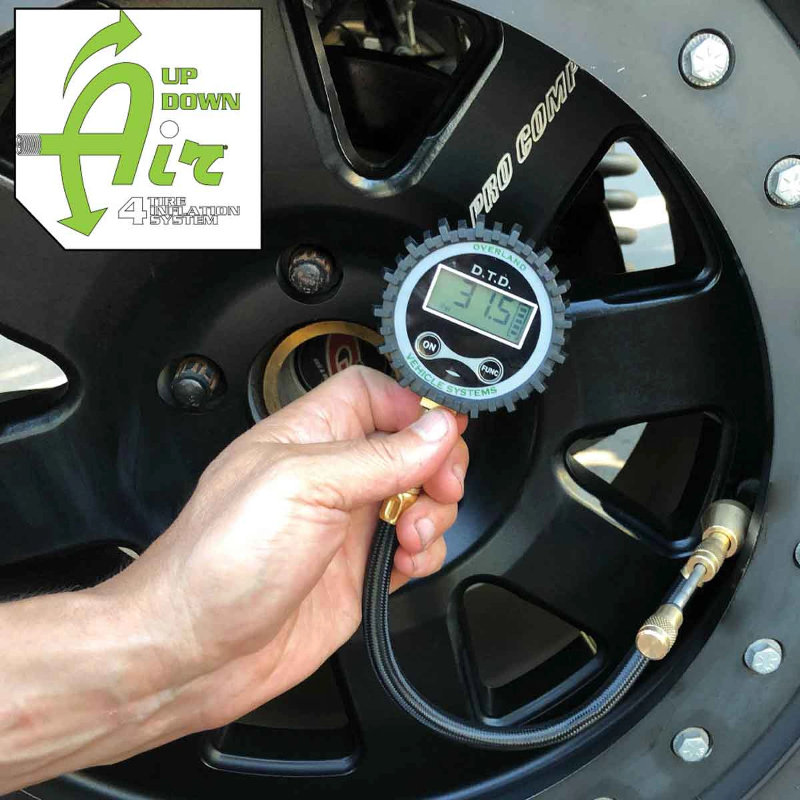 Digital tire gauge and tire deflator with storage bag and valve kit