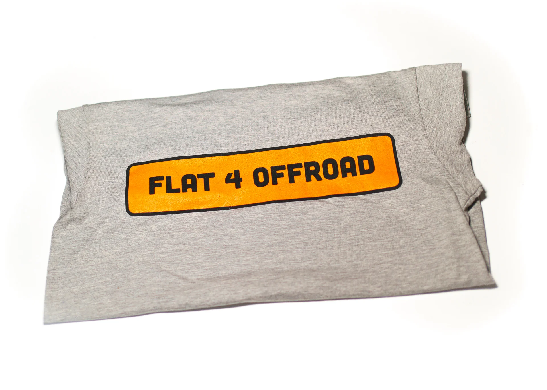 Soft grey t-shirt with a silkscreened orange Flat 4 Offroad logo 