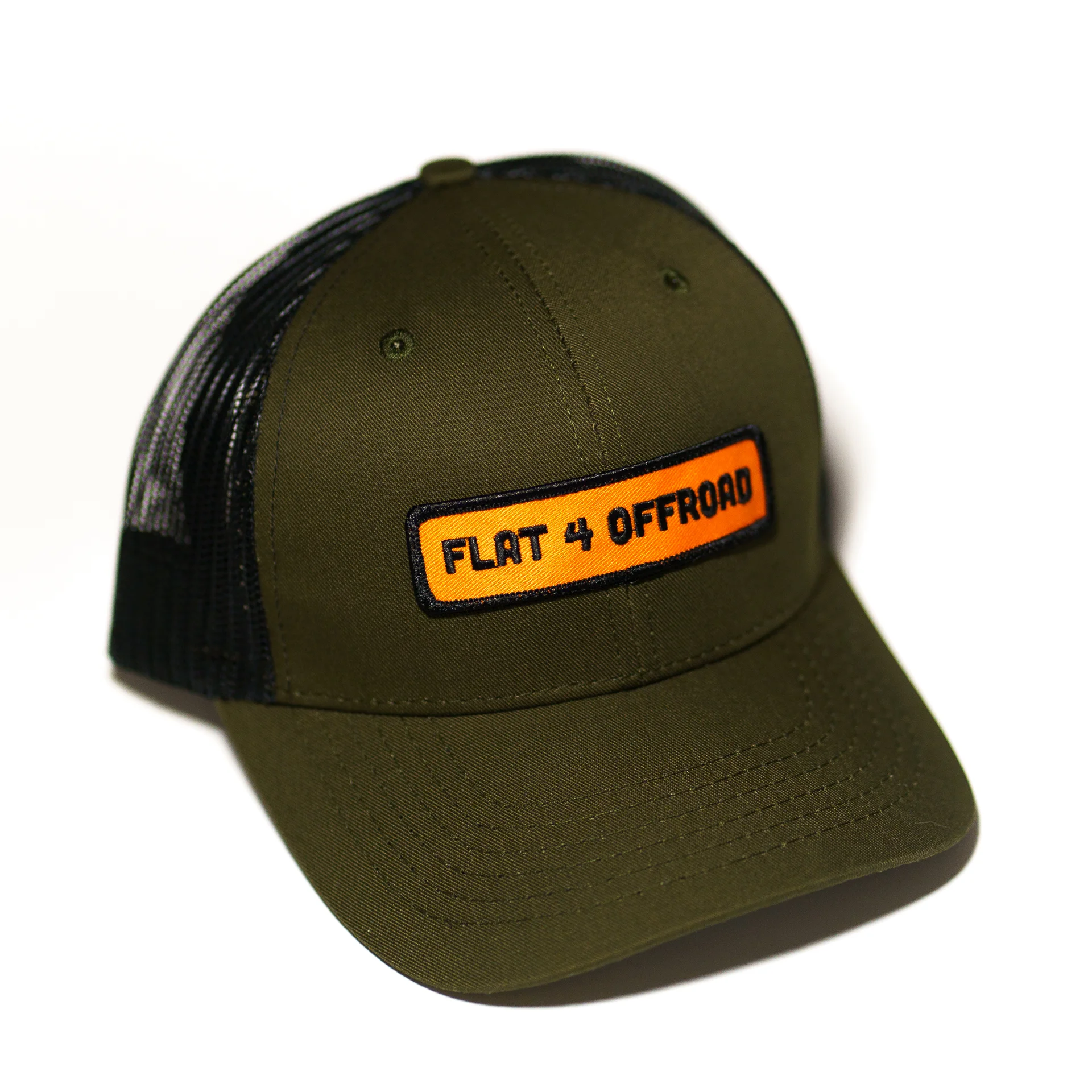 Olive coloured mesh back hat with orange Flat 4 Offroad patch on the front