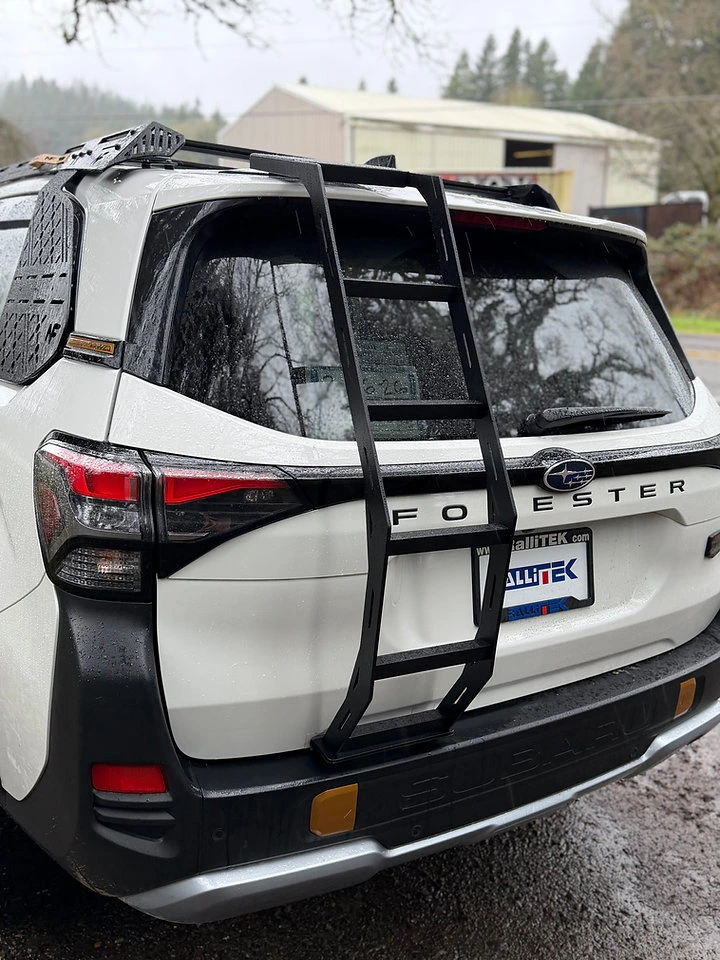 NashFab aluminum rear ladder mounted on a Subaru Forester rear hatch