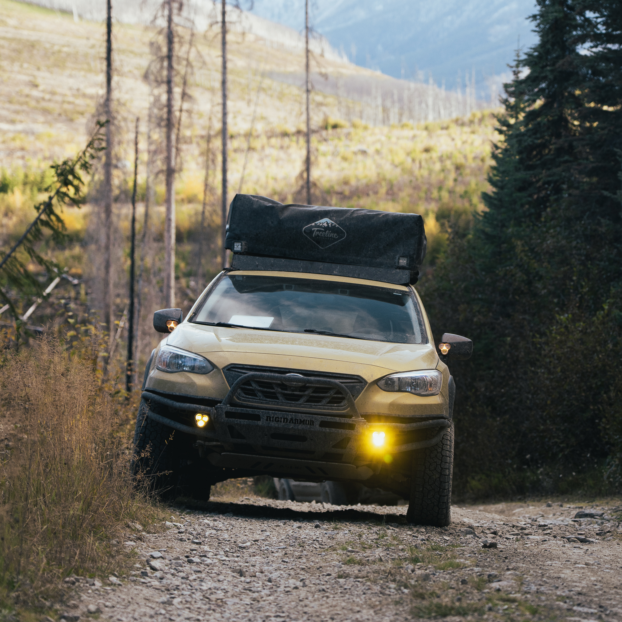 Heavily modified Subaru Outback Wilderness with bumper guard, off-road lights, and rooftop tent on a rugged backcountry trail in the Canadian Rockies