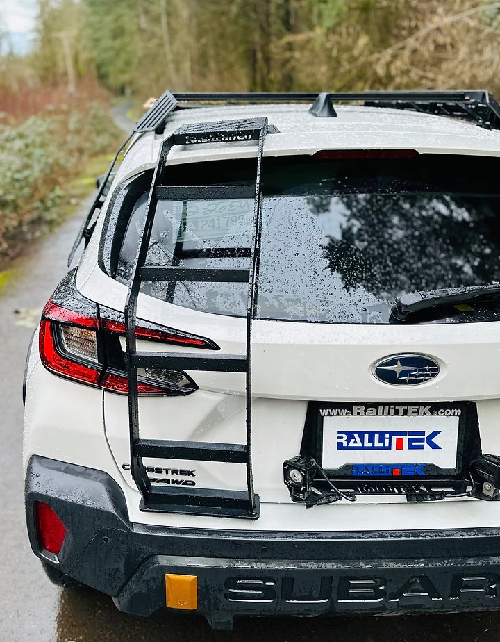 NashFab aluminum rear ladder mounted on a Subaru Crosstrek rear hatch