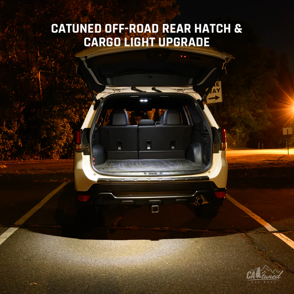 CAtuned Off-Road rear hatch and cargo light upgrade installed in a Subaru Outback for improved cargo area brightness