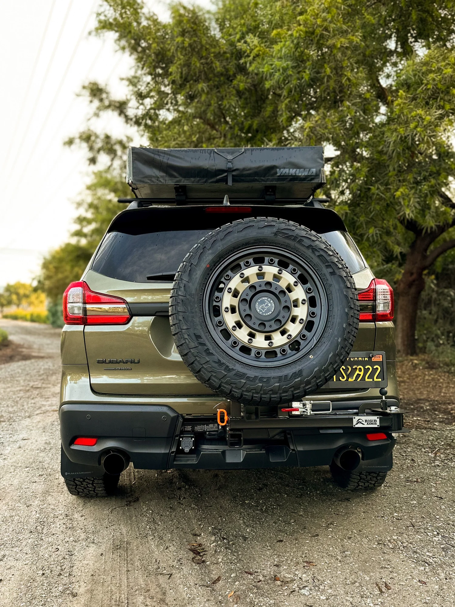 Lifted off road Subaru Ascent with rear tire carrier and other overlanding accessories