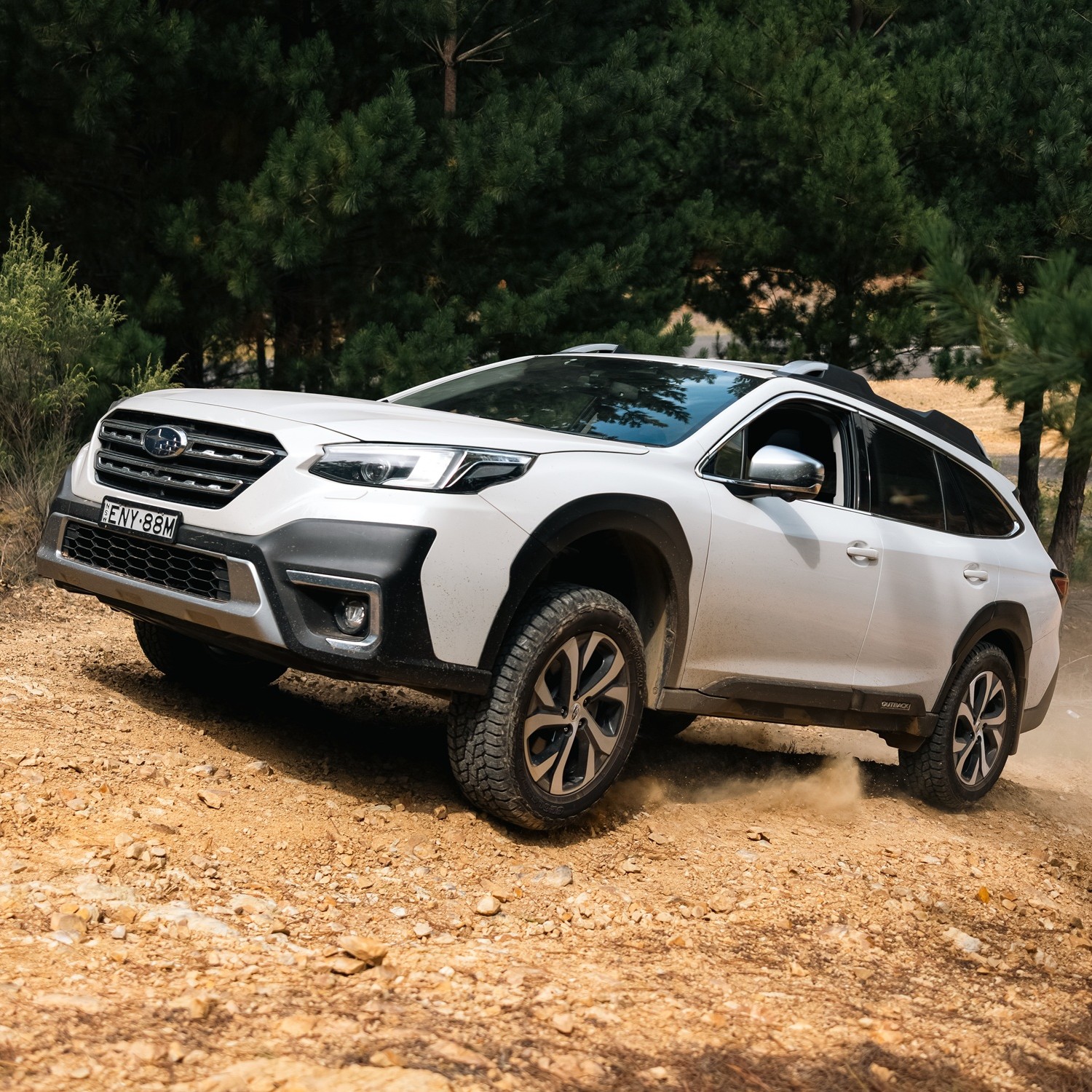 Subaru Outback with Bilstein B8 TerraSport lift kit on a dirt road