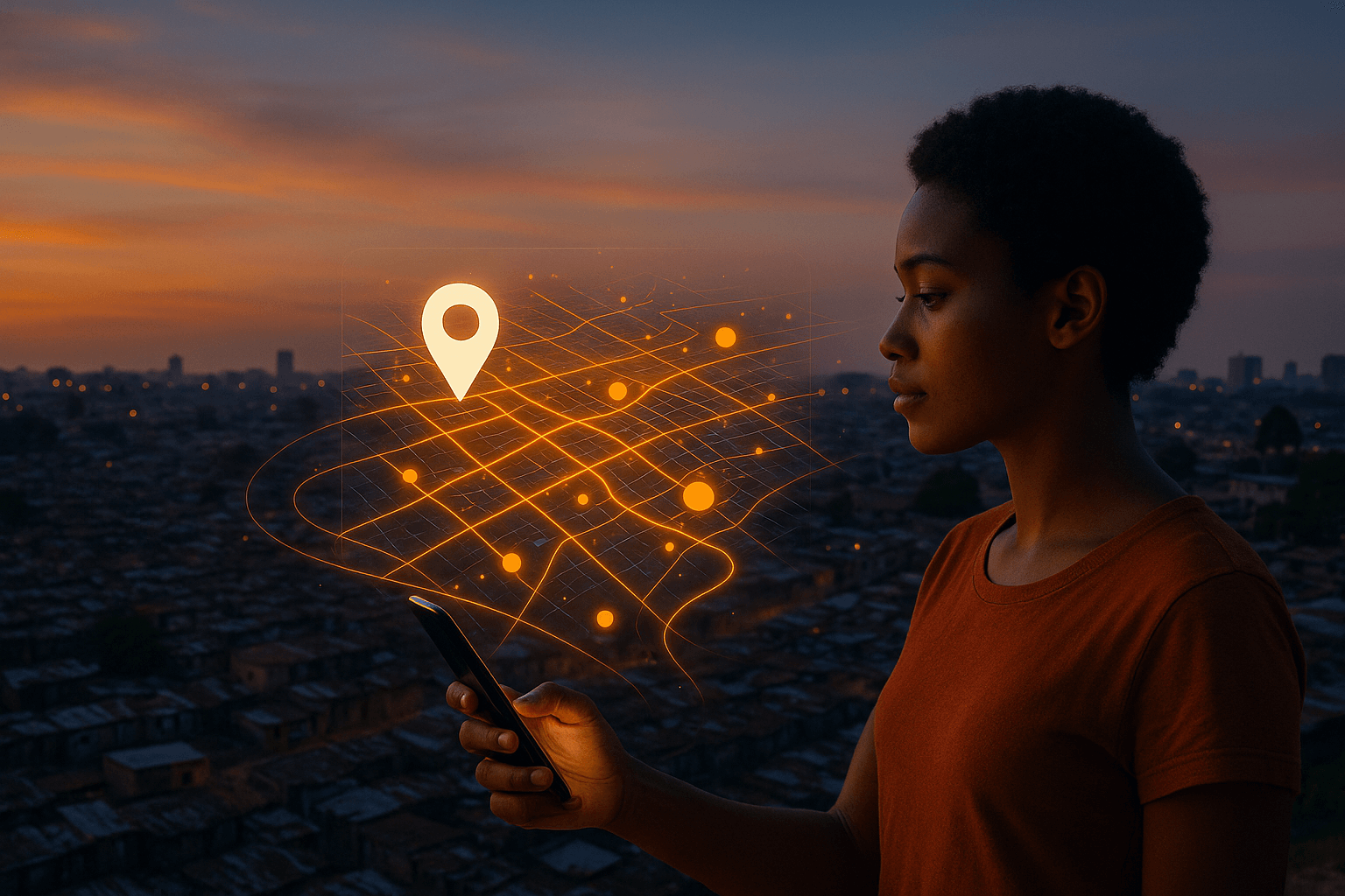 A young African lady with afro hair holding a mobile device with a background of an African urban city at dusk