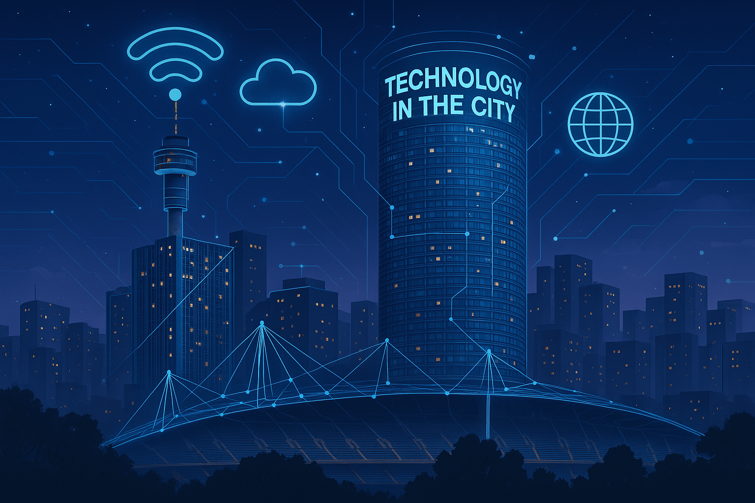 High rise buildings in the City of Johannesburg wrapped in technology and digital connectivity lights 