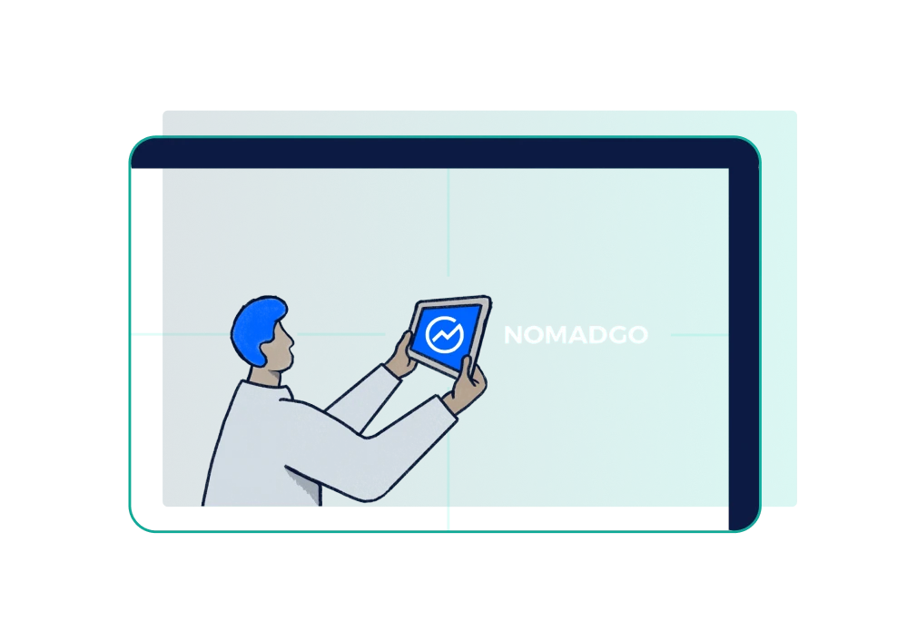 Illustration of a person opening the NomadGo mobile app on their tablet.