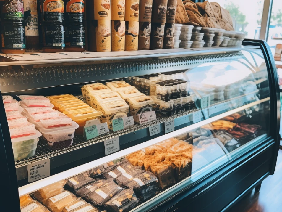 Glass display case of grab and go food items in a coffee shop