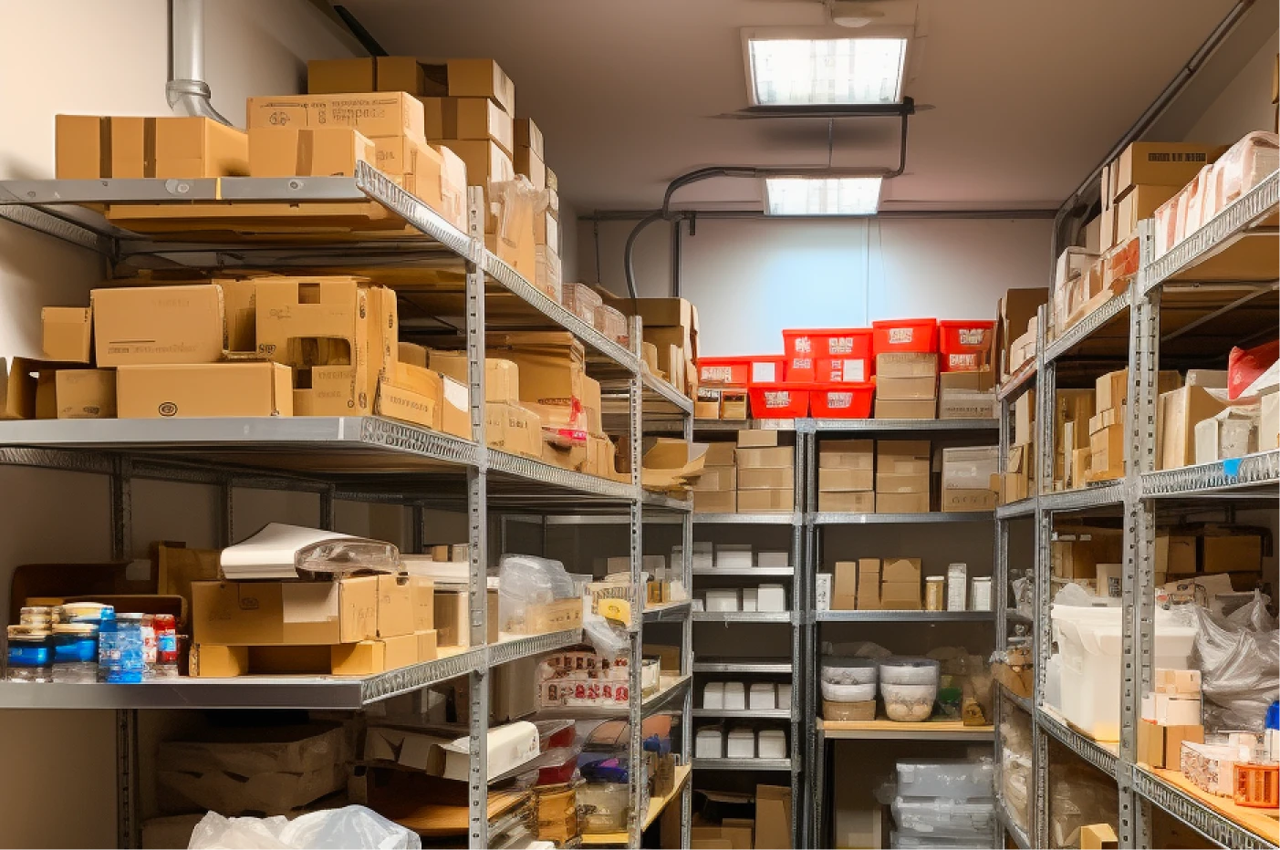 A room of inventory filled with metal shelves and various sizes of food product boxes.