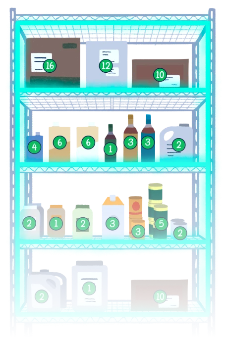 Illustrated shelf with food items and count total overlayed on top.