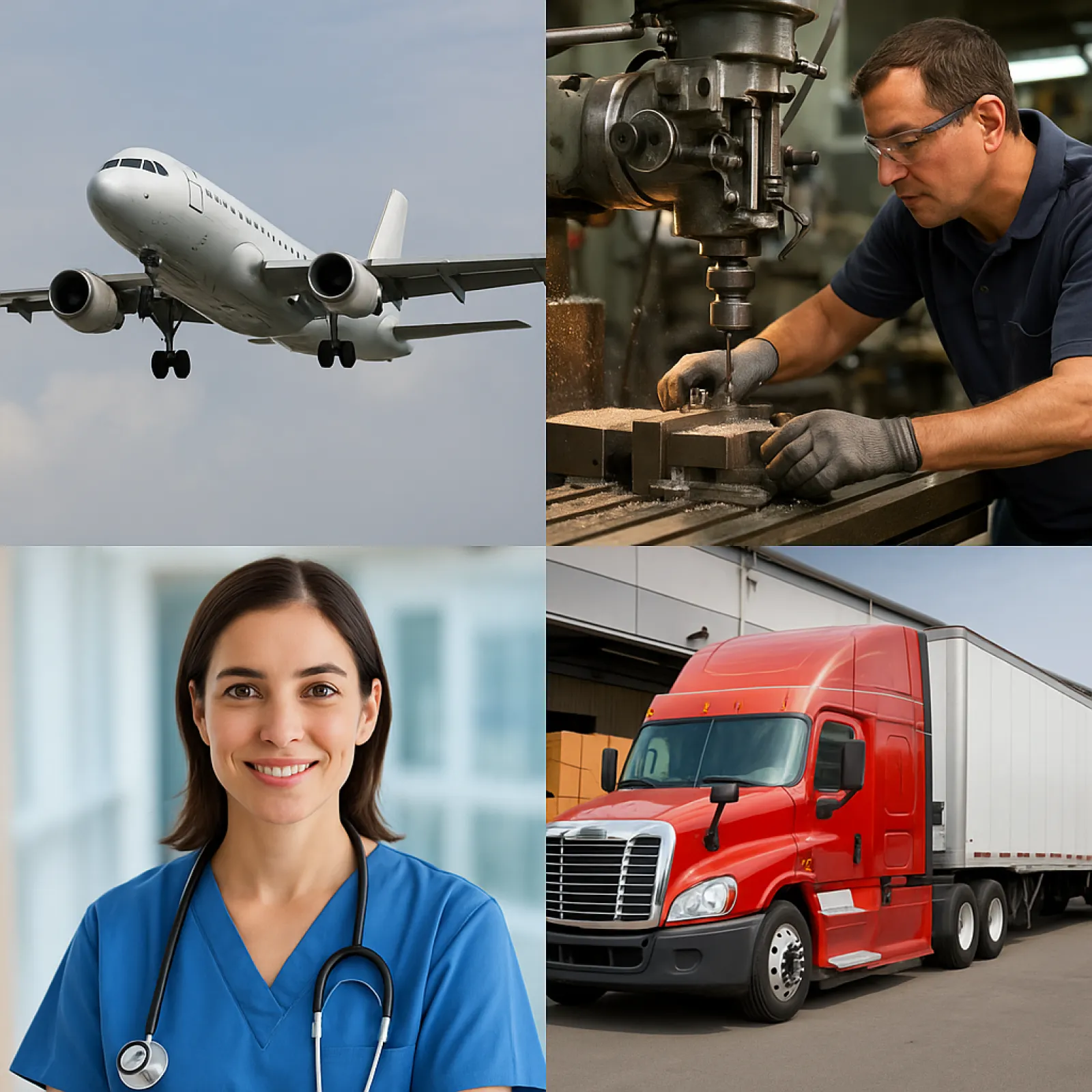 Grid of images showing an airplane, a man working a machine, a medical professional, and a semi truck and trailer.