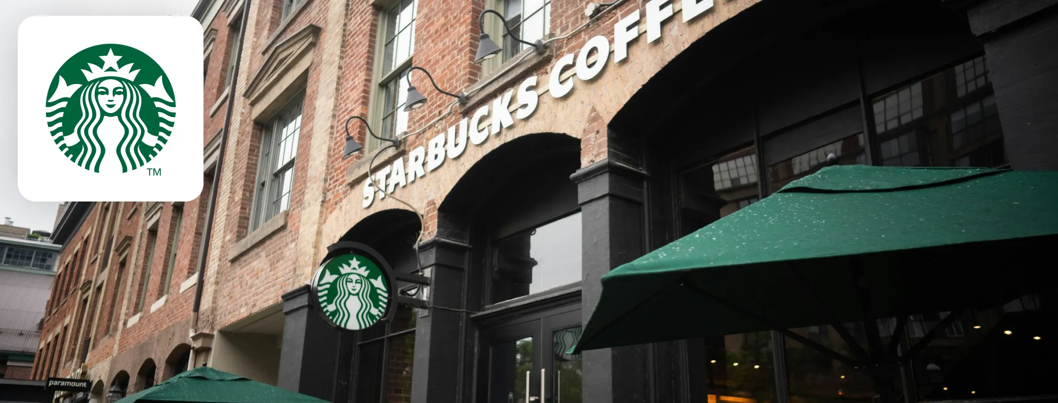 Exterior of a Starbucks Coffee store in a city.