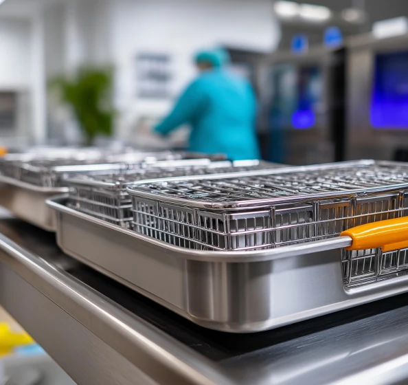 Metal sterilization trays with wire racks on a stainless steel table in a medical sterile processing room with a worker in protective clothing in the background.