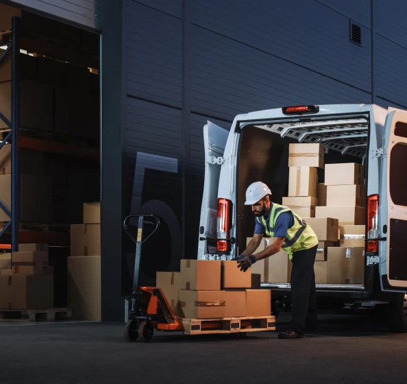Worker in safety vest and helmet loading cardboard boxes onto a pallet jack from the back of a delivery van at a warehouse.