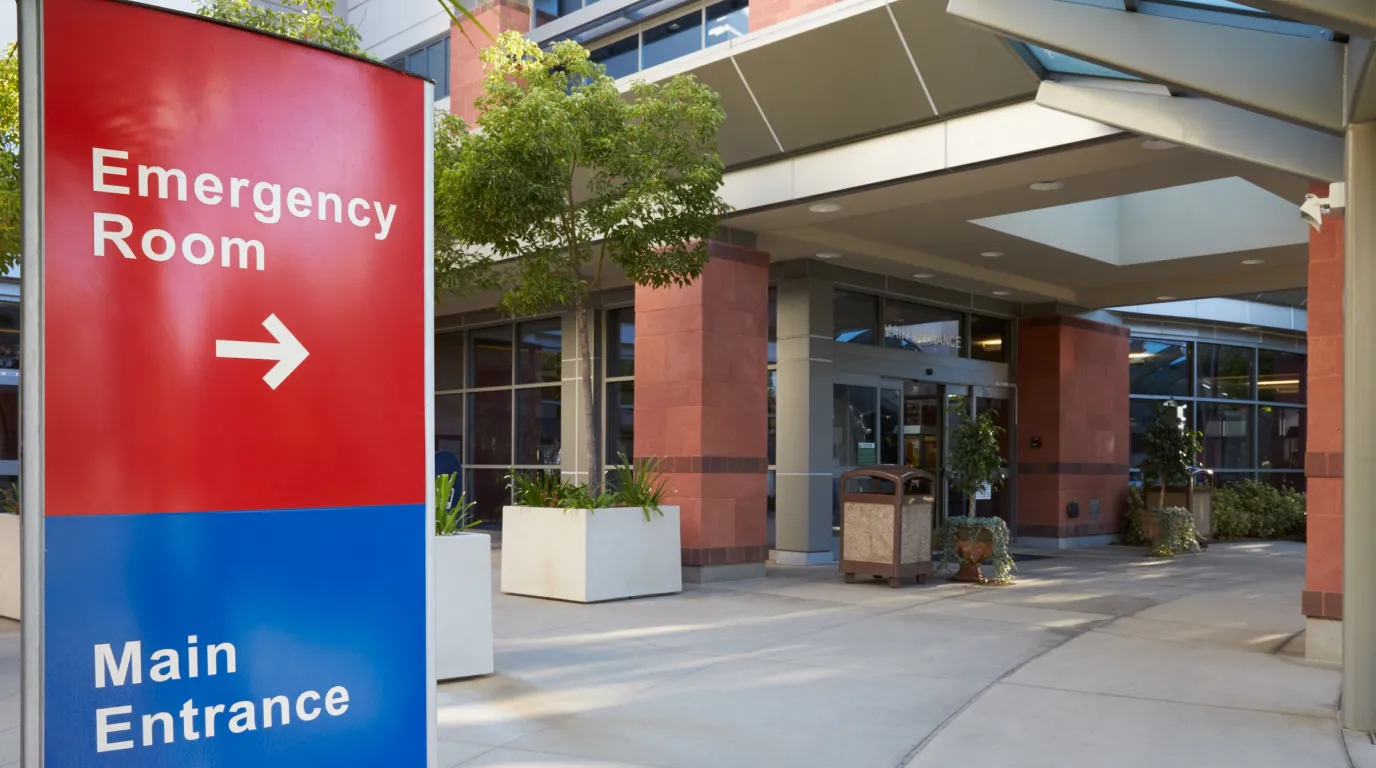 Sign indicating the emergency room to the right and main entrance of a hospital building.