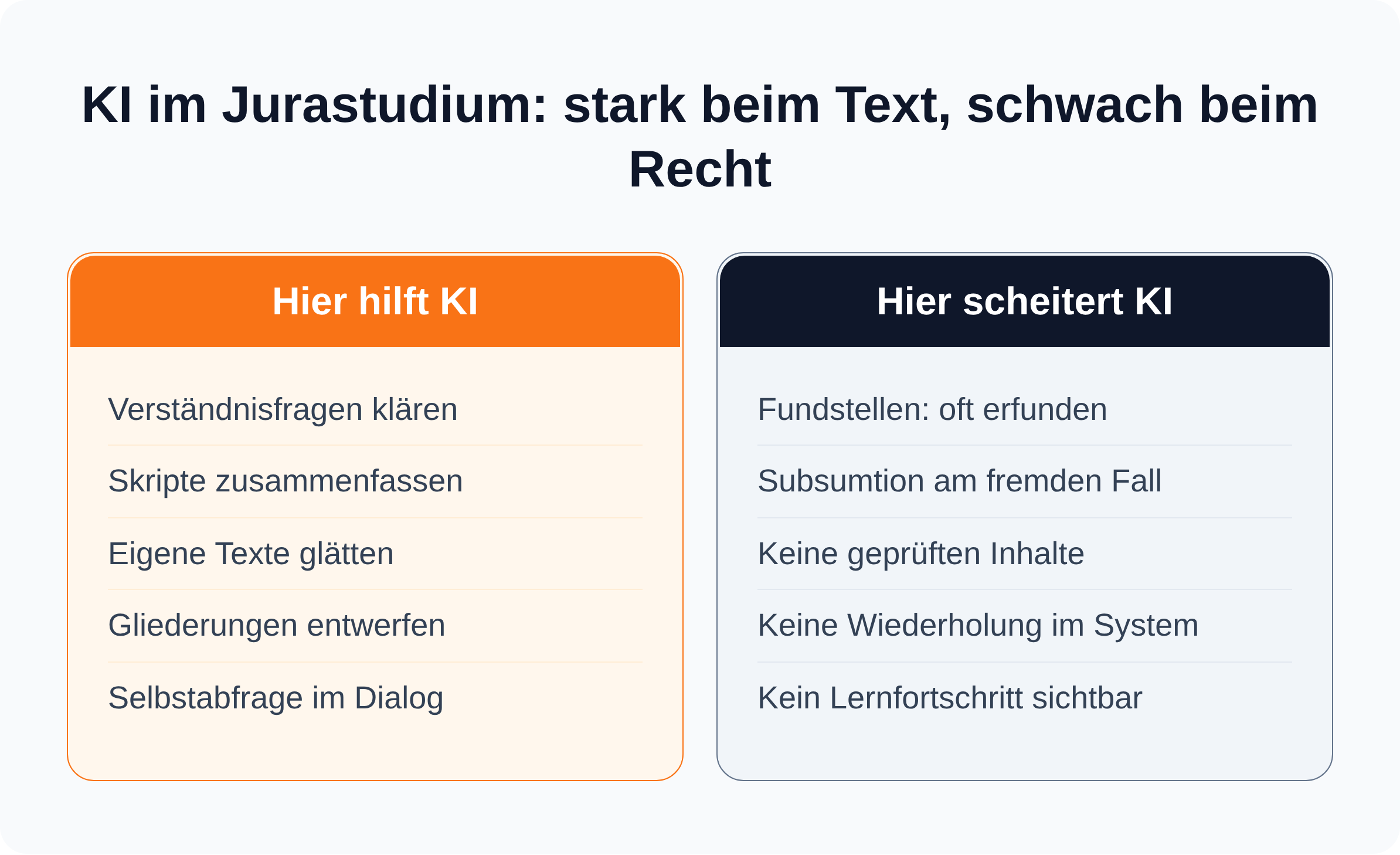 Vergleichsgrafik: KI hilft bei Verständnisfragen, Zusammenfassen und Textglättung, scheitert aber an Fundstellen, Subsumtion und systematischer Wiederholung