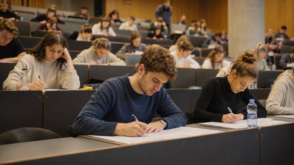 Studierende sitzen dicht an dicht in einem großen Hörsaal und schreiben konzentriert an einer Klausur