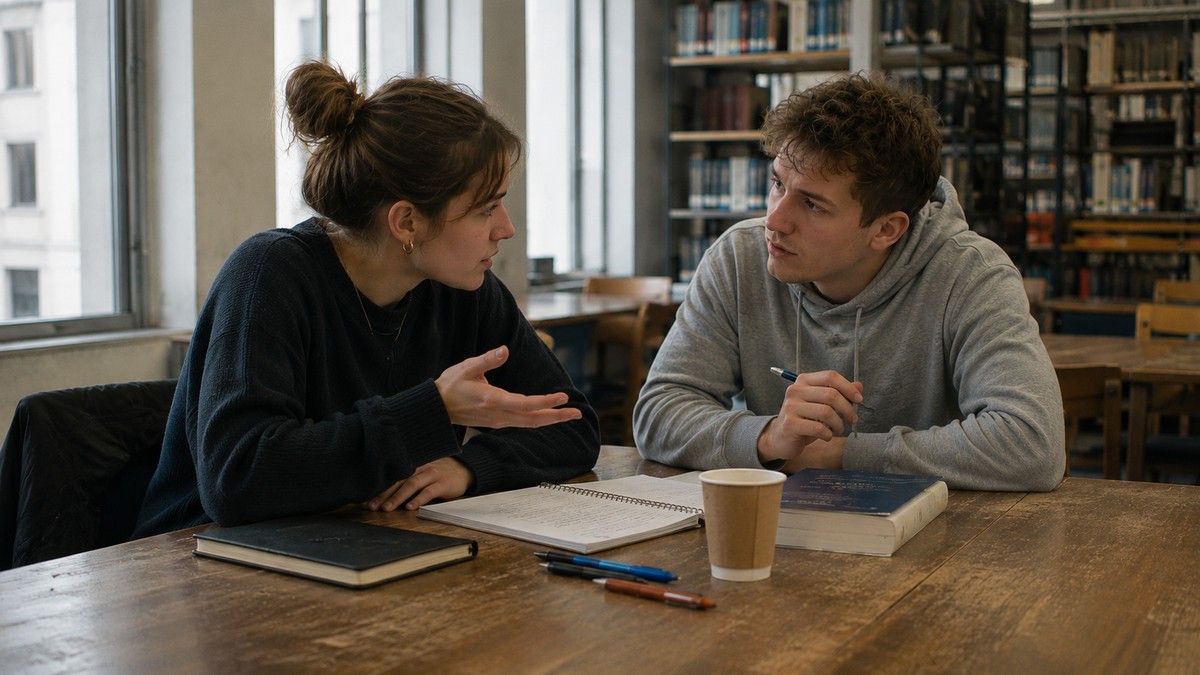 Zwei Studierende sitzen an einem Holztisch in einer Bibliothek, die Frau erklärt dem Mann etwas neben Notizbuch und Kaffeebecher