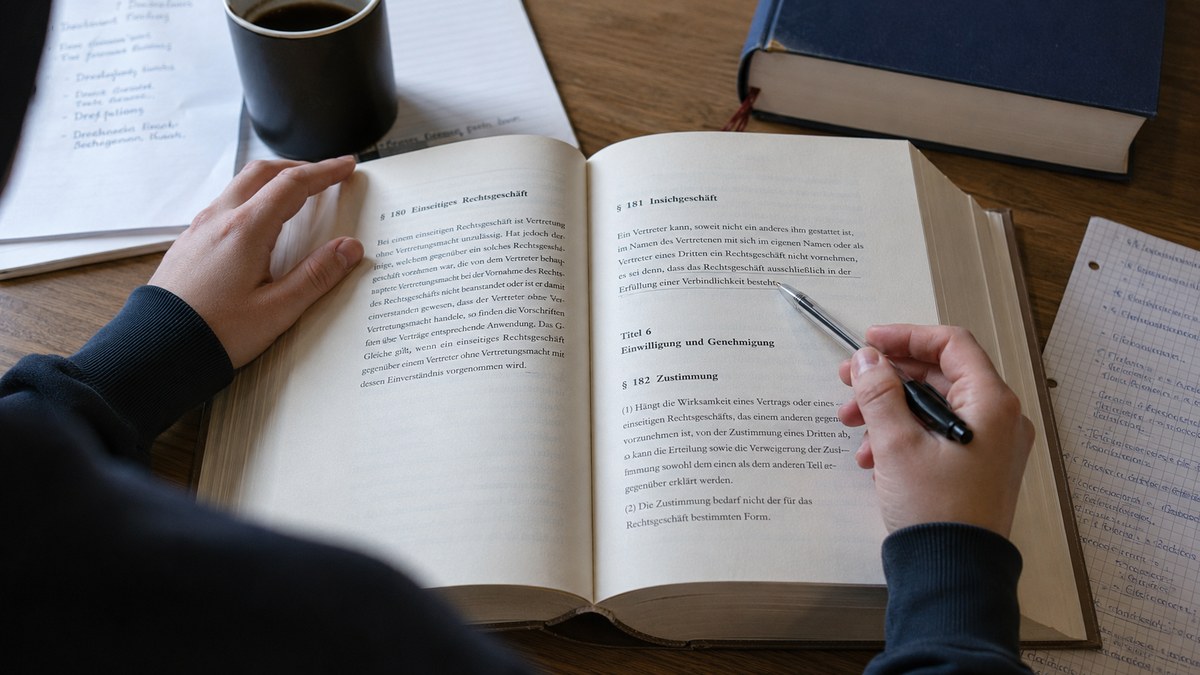 Person blättert mit einem Stift in der Hand in einem aufgeschlagenen Gesetzbuch am Schreibtisch