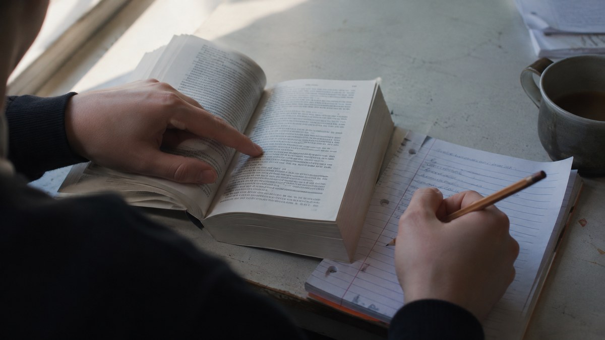 Hände blättern in einem aufgeschlagenen Buch neben Notizblock und Kaffeetasse