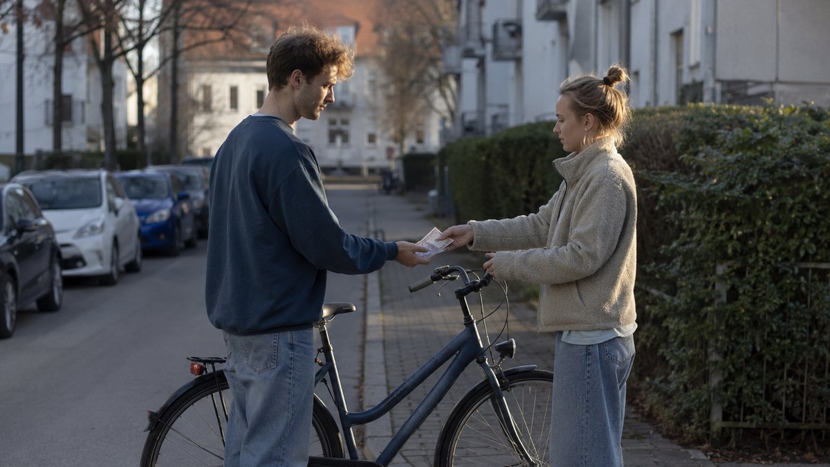 Ein Mann übergibt einer Frau neben einem Fahrrad auf der Straße Geldscheine