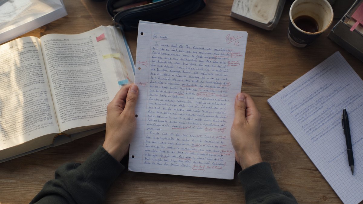 Hände halten eine korrigierte handschriftliche Klausur mit roten Randbemerkungen neben einem aufgeschlagenen Gesetzbuch