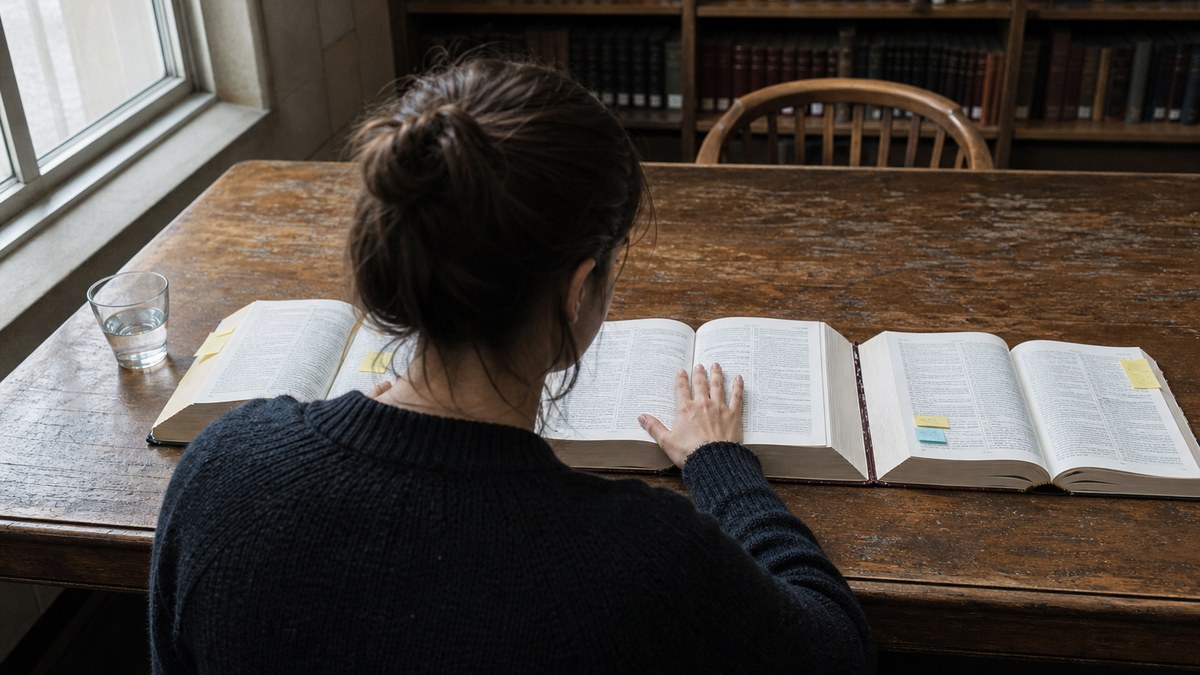 Studentin von hinten am Bibliothekstisch, vor ihr mehrere aufgeschlagene dicke Bücher mit gelben Klebezetteln