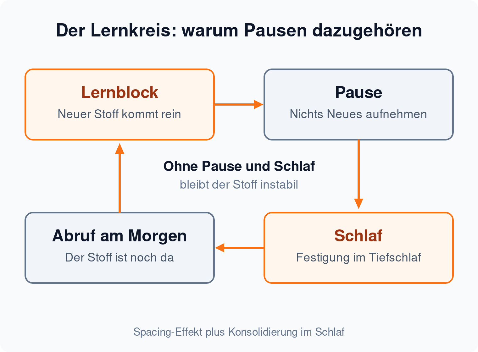 Kreislauf-Diagramm: Lernblock, Pause, Schlaf und Abruf am Morgen bilden einen geschlossenen Kreis, ohne Pause und Schlaf bleibt der Stoff instabil